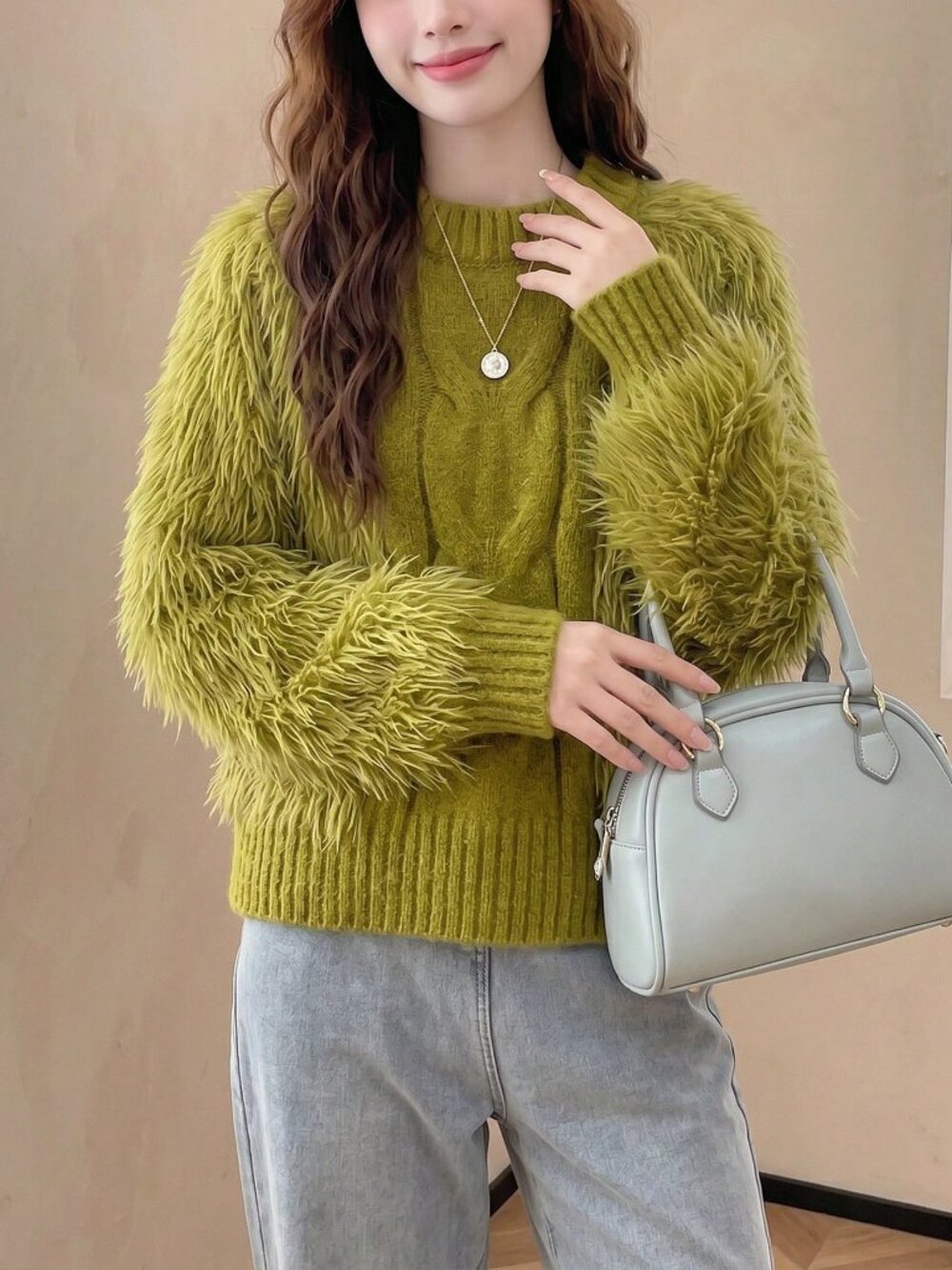 Mustard Yellow Casual Women's Cable Knit Fuzzy Sweater